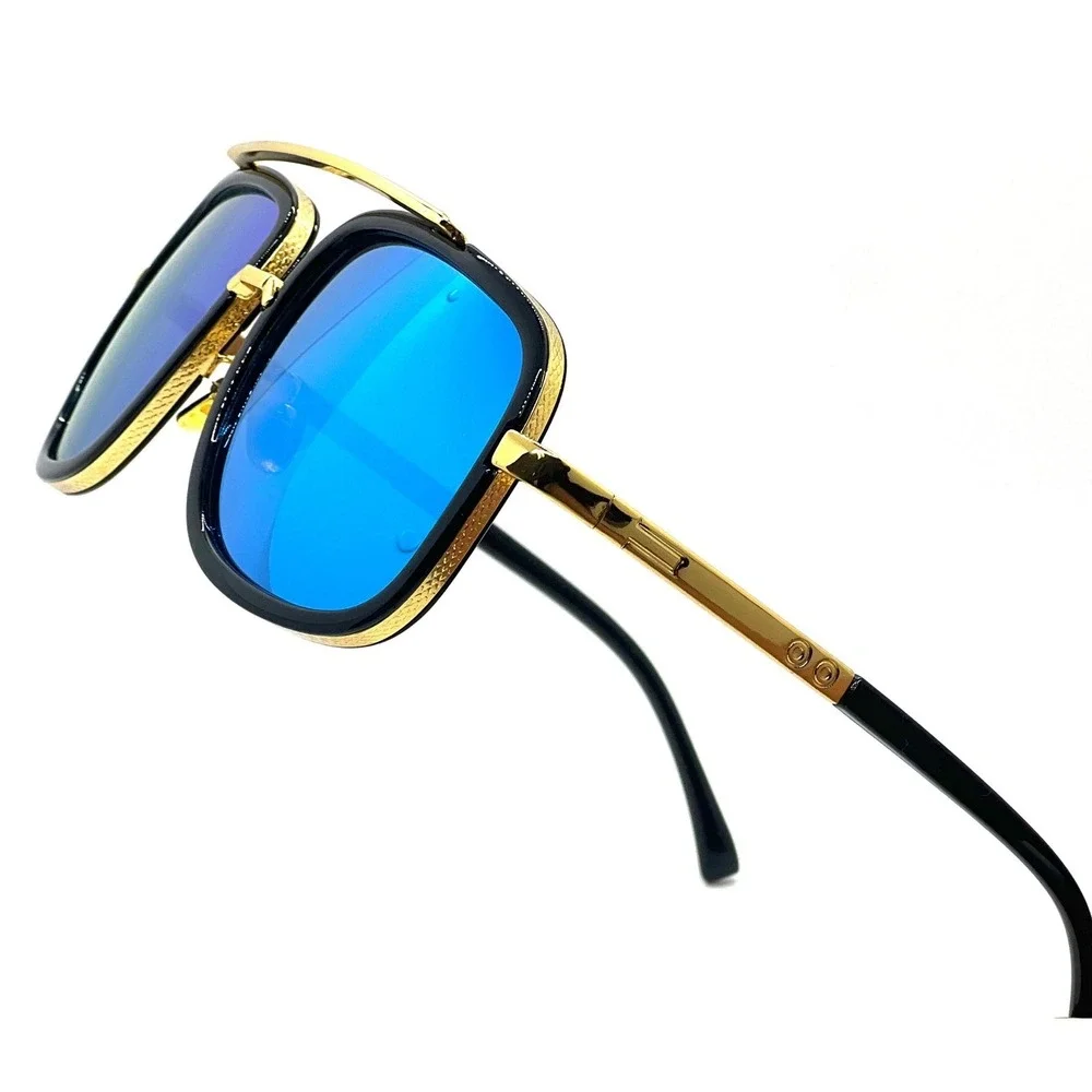 Aviator Sunglasses Square Frame Blue Lens Gold Accents Fashion Shades Lentes New